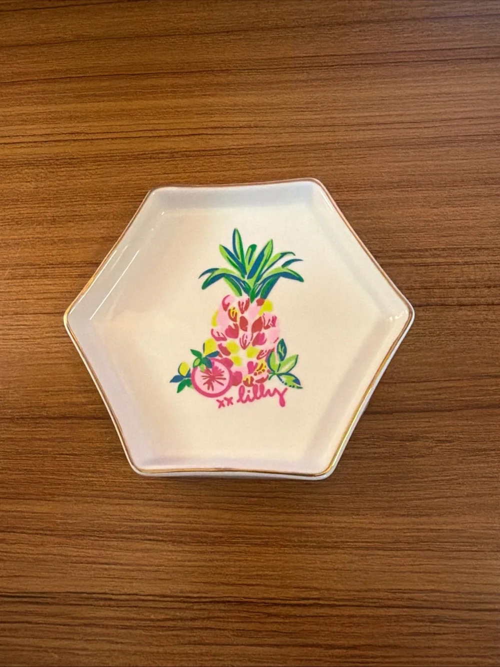 LILLY PULITZER Ceramic Hexagonal TROPICAL PINEAPPLE Trinket Dish 5.5 inches Wide